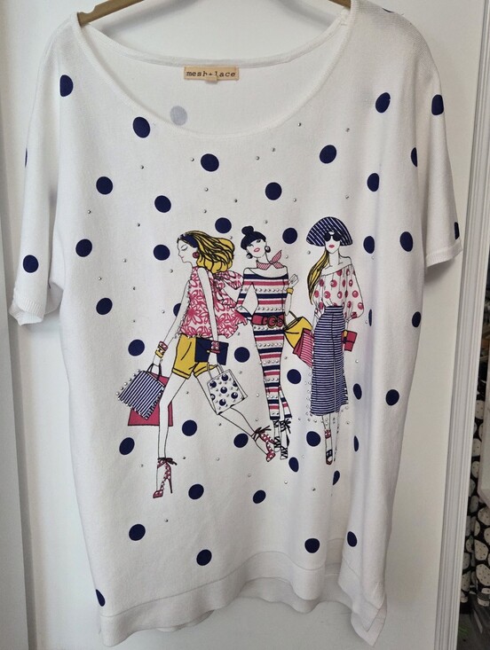 Tops - Mesh+lace White Polka Dot Graphic Tee with Fashion Girl Print